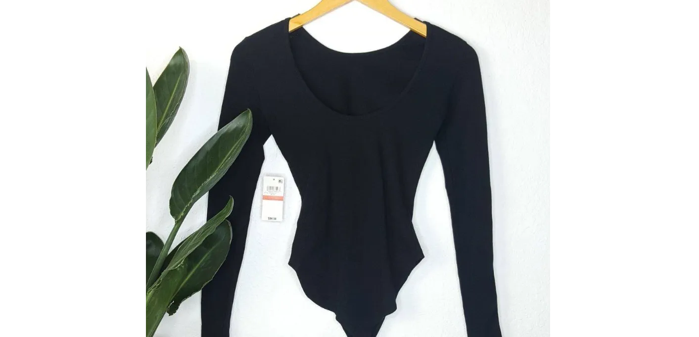 Material Girl Active Long Sleeve Black Varsity Bodysuit, Size Medium