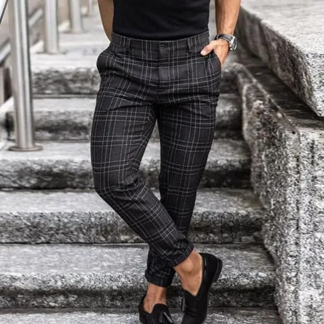 Men pants bottom plush zipper casual pants streetwear plaid office man slim pant