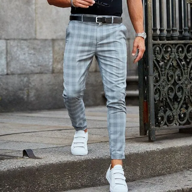 Men pants bottom plush zipper casual pants streetwear plaid office man slim pant