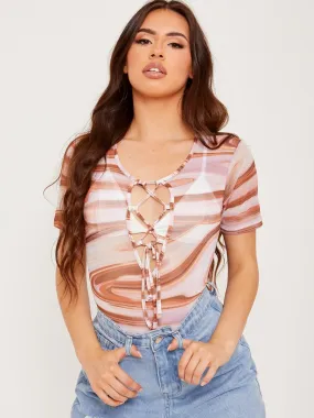 Miranda Lace Up Front Marble Print Mesh Bodysuit In Lilac
