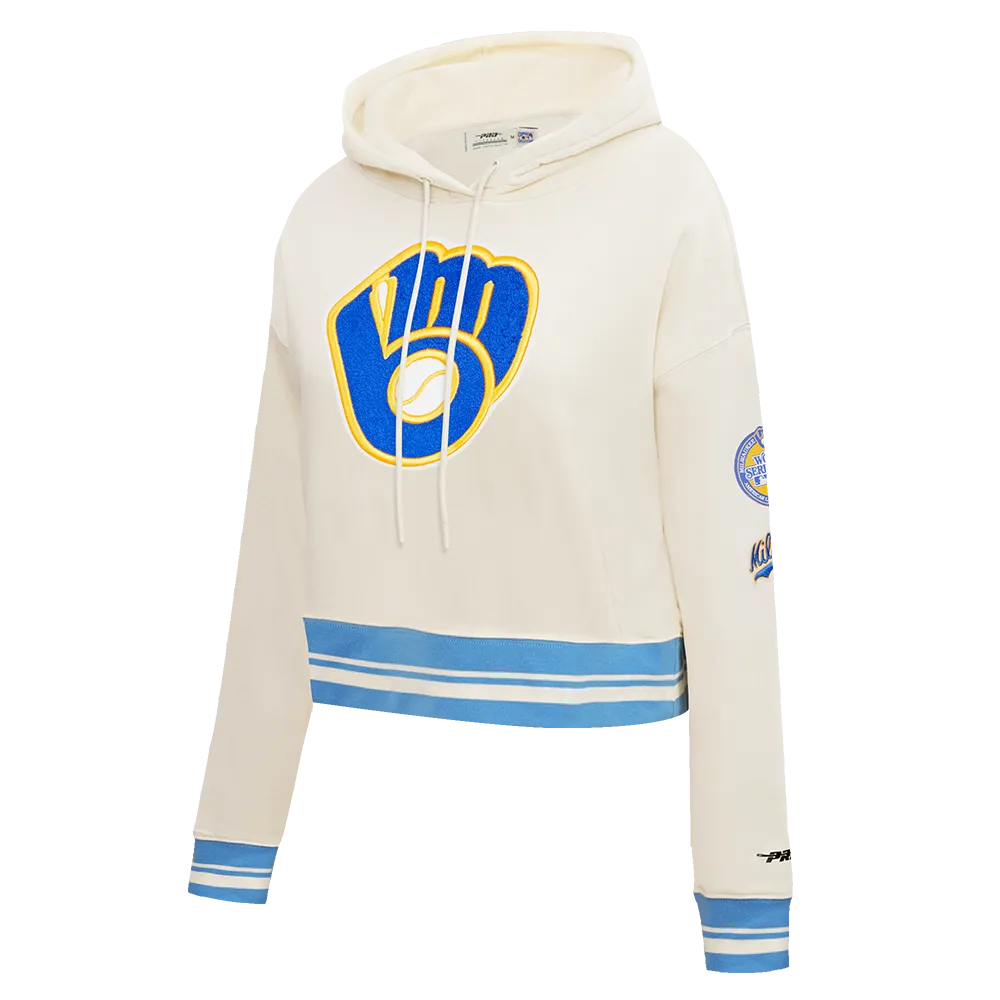 MLB MILWAUKEE BREWERS RETRO CLASSIC WOMEN'S RIB CROPPED PO HOODIE (EGGSHELL/ UNIVERSITY BLUE)