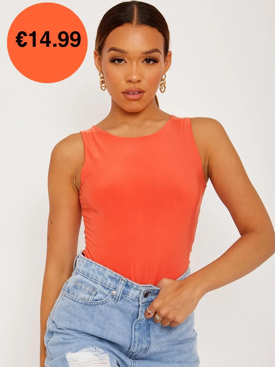 Orange Racer Back Sleeveless Slinky Bodysuit