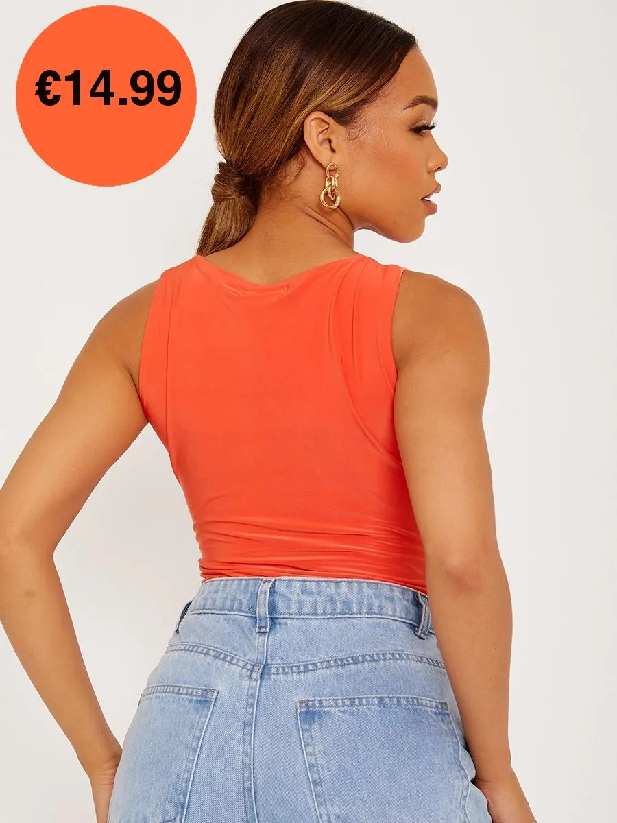 Orange Racer Back Sleeveless Slinky Bodysuit