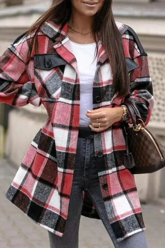 OVERSIZED PLAID PRINT BUTTON FRONT FLAP DETAIL SHACKET