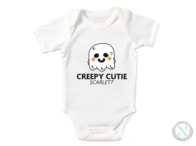 Personalize Girl Name Halloween Bodysuit With Greepy Cutie- First Halloween Party