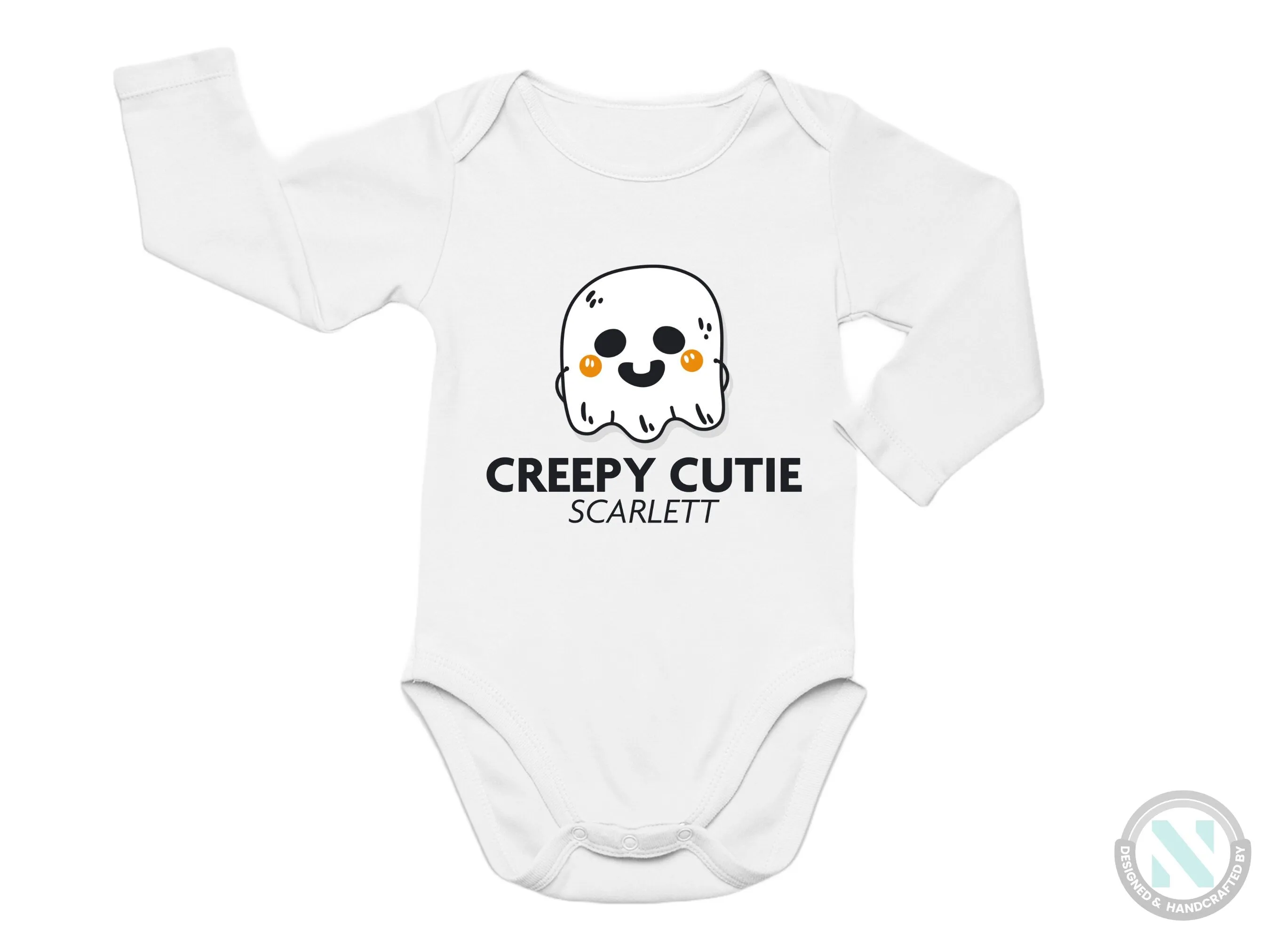 Personalize Girl Name Halloween Bodysuit With Greepy Cutie- First Halloween Party