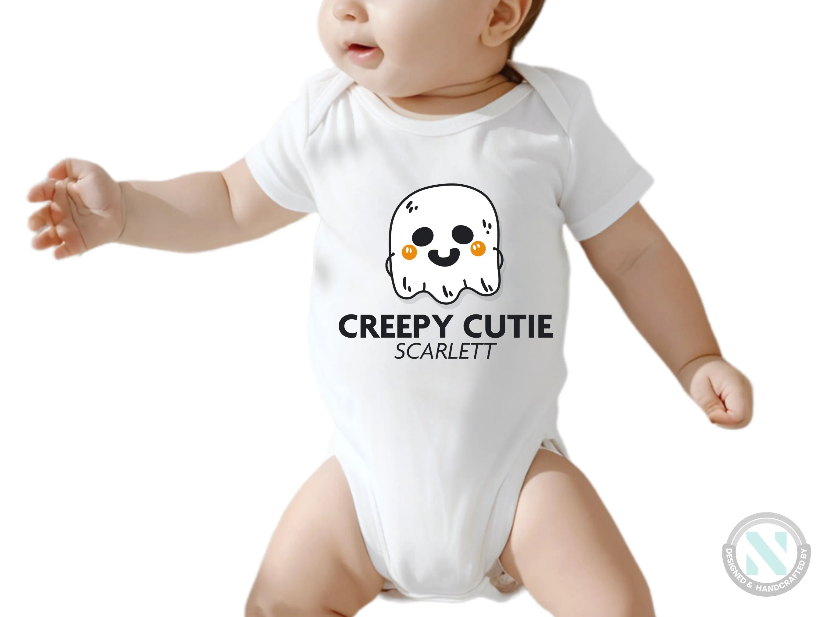 Personalize Girl Name Halloween Bodysuit With Greepy Cutie- First Halloween Party
