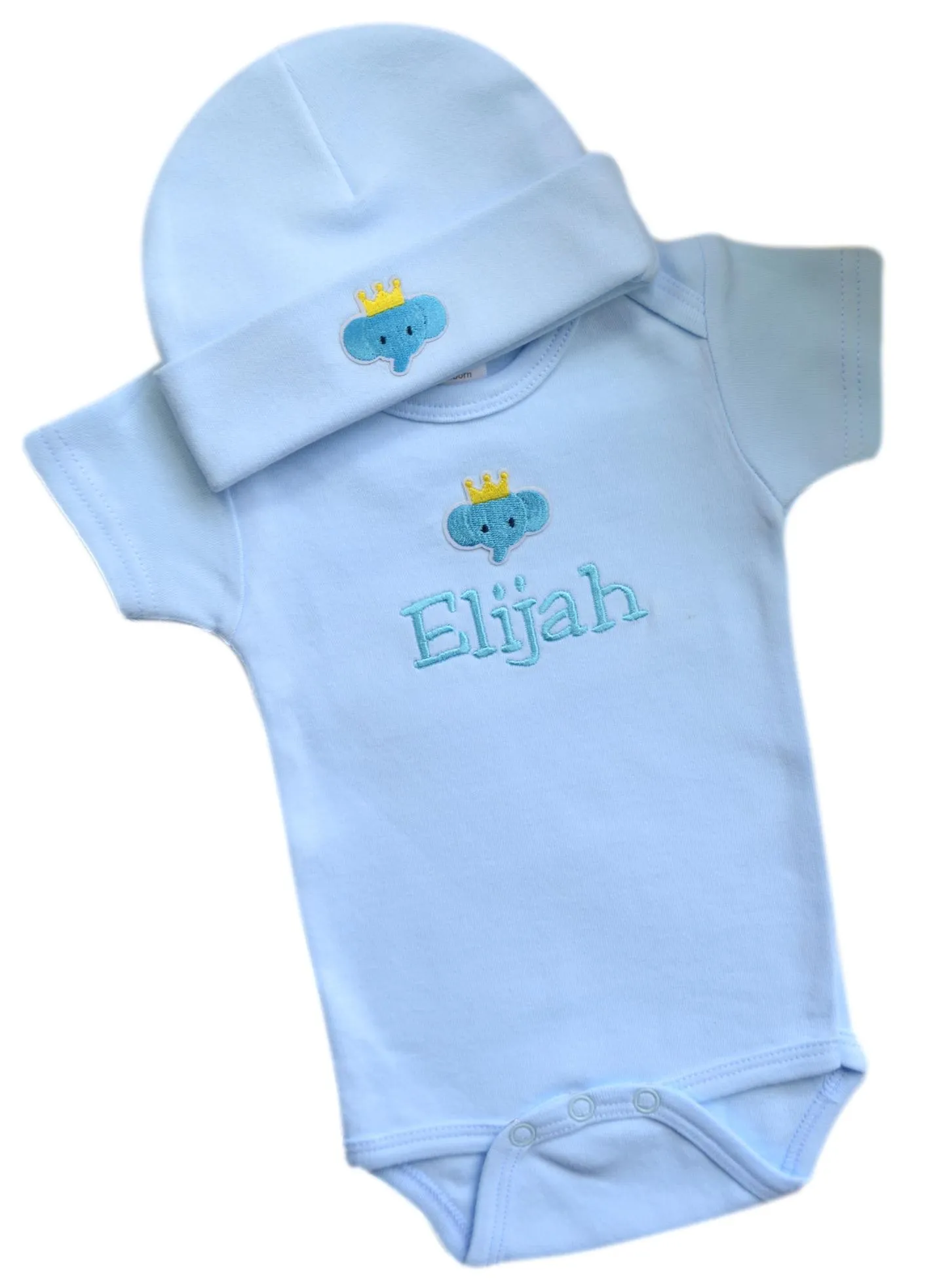 Personalized Embroidered Baby Boys Elephant Bodysuit with Matching Cotton Beanie Hat