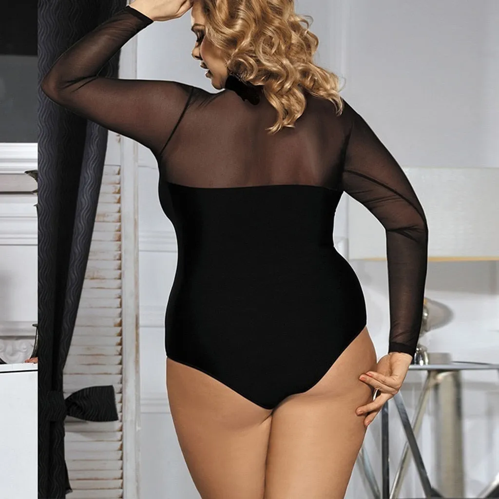 Plus-Size One-Piece Sheer Mesh Bodysuit