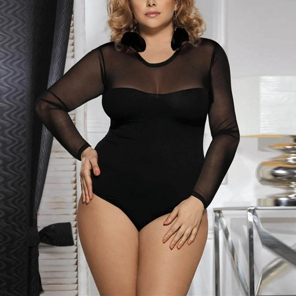 Plus-Size One-Piece Sheer Mesh Bodysuit