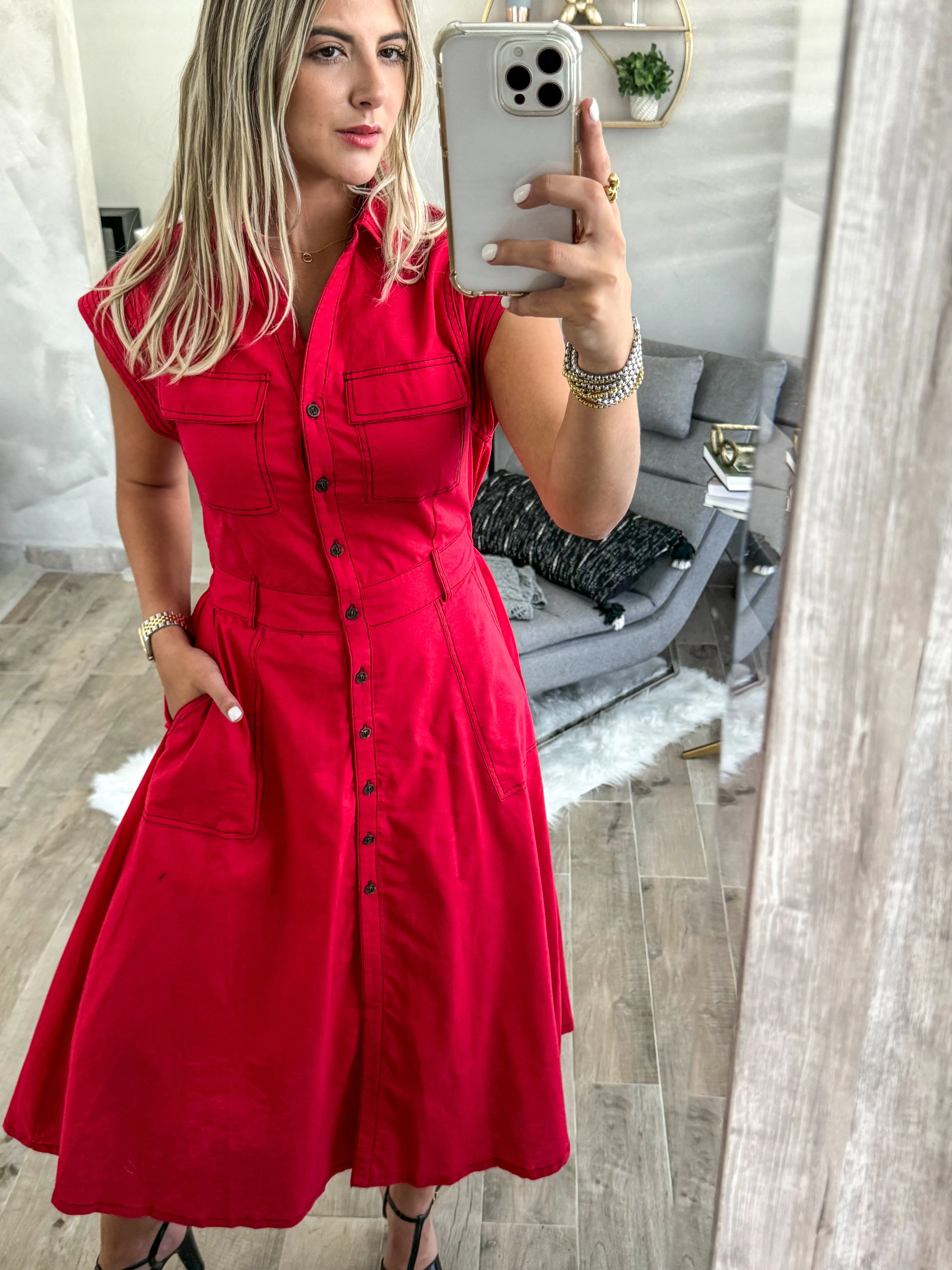 RED STITCH MIDI DRESS