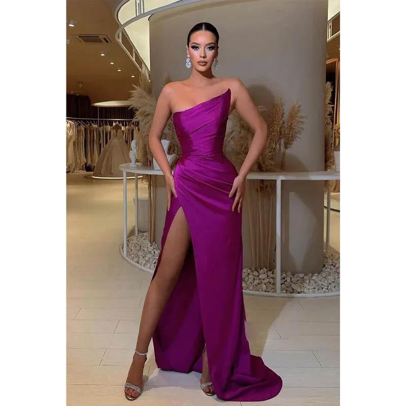 Sheath Strapless Satin Pleated Side Slit Long Prom Dress Formal Gown