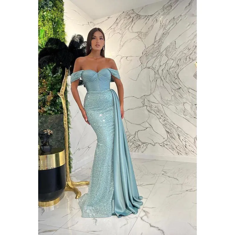 Sheath/Column Off-Shoulder Sequined Pleats Sleeveless Prom Evening Formal Dress