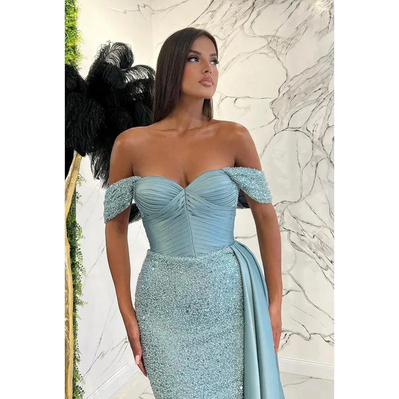 Sheath/Column Off-Shoulder Sequined Pleats Sleeveless Prom Evening Formal Dress