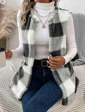 Shein Buffalo Plaid Print Open Front Teddy Vest Coat, L  