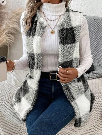Shein Buffalo Plaid Print Open Front Teddy Vest Coat, L  
