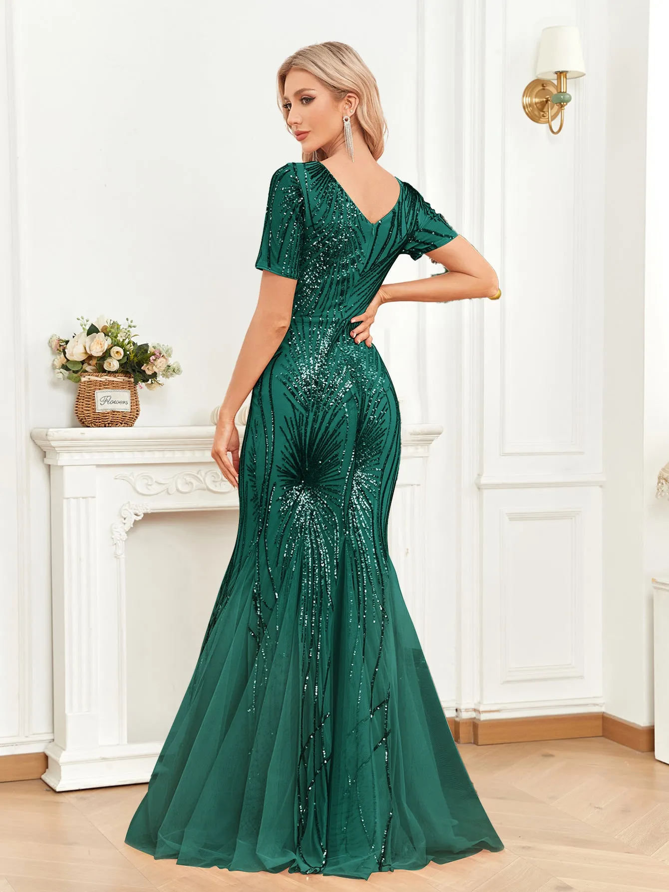 Short Sleeve Green Beaded Evening Dress