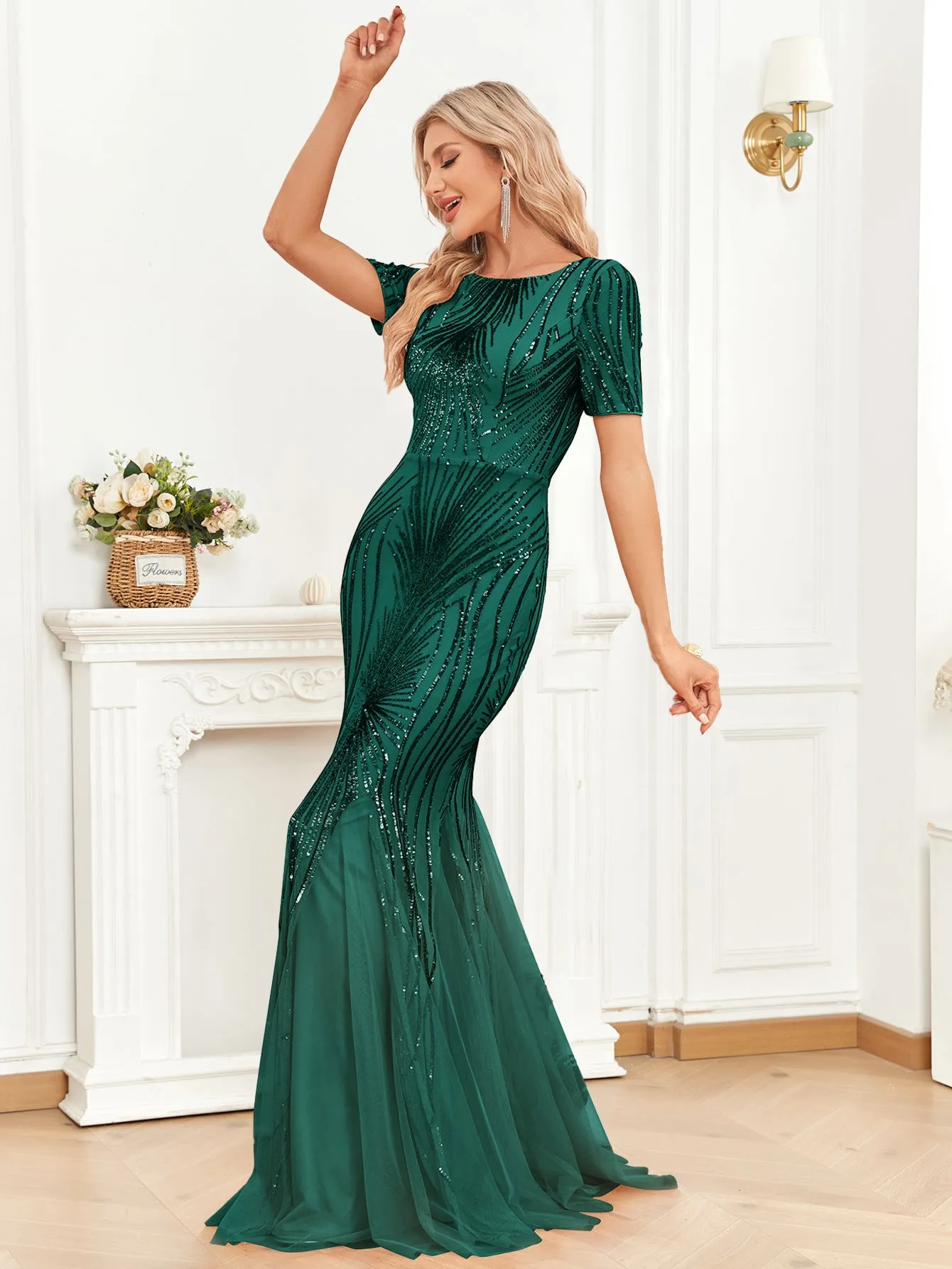 Short Sleeve Green Beaded Evening Dress