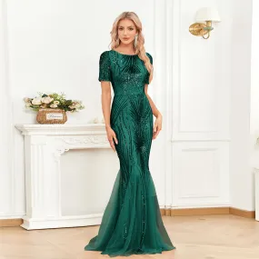Short Sleeve Green Beaded Evening Dress