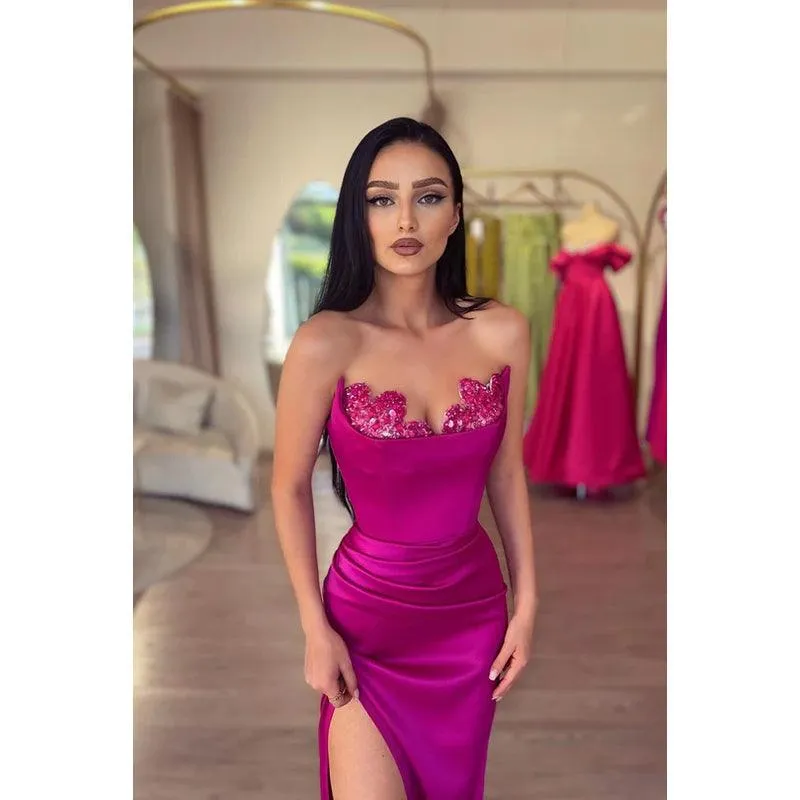 Strapless Sequined Ruched Satin Sheath Long Prom Evening Dress
