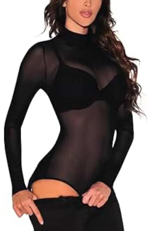 Turtle-Neck Long Sleeve Mesh Bodysuit