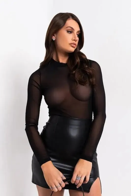 Turtle-Neck Long Sleeve Mesh Bodysuit