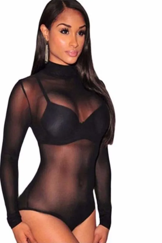 Turtle-Neck Long Sleeve Mesh Bodysuit