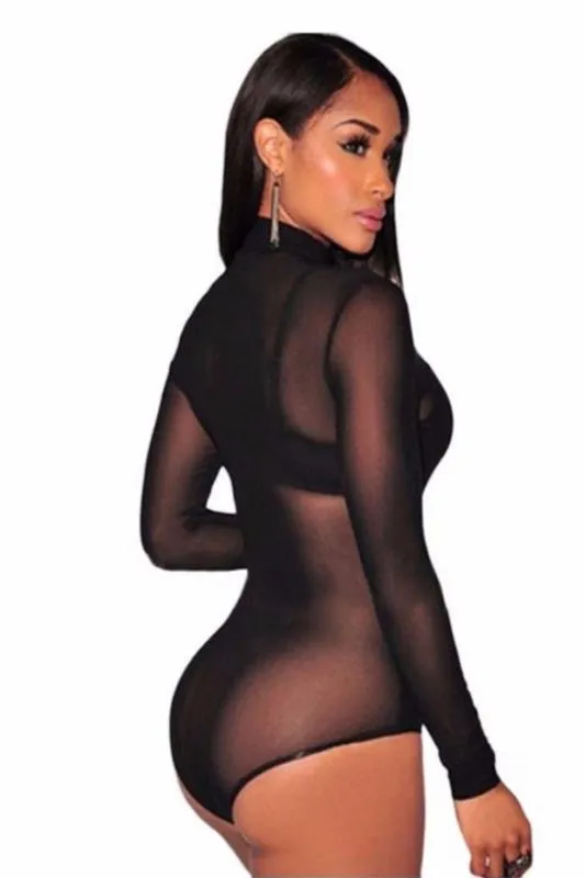 Turtle-Neck Long Sleeve Mesh Bodysuit