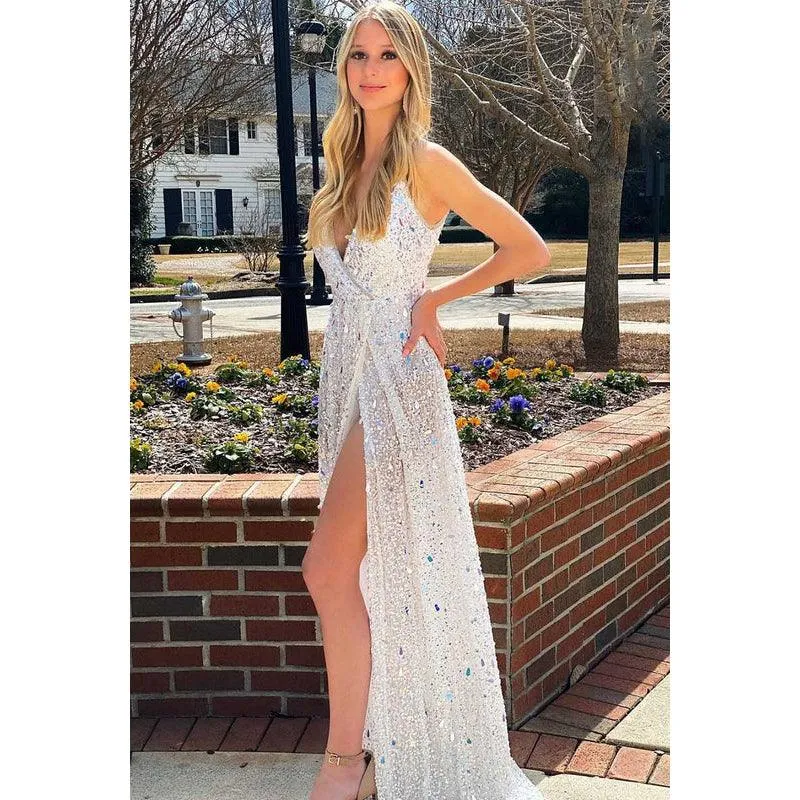 V-Neck Sequined Sparkly A-Line Long Prom Dress With Slit