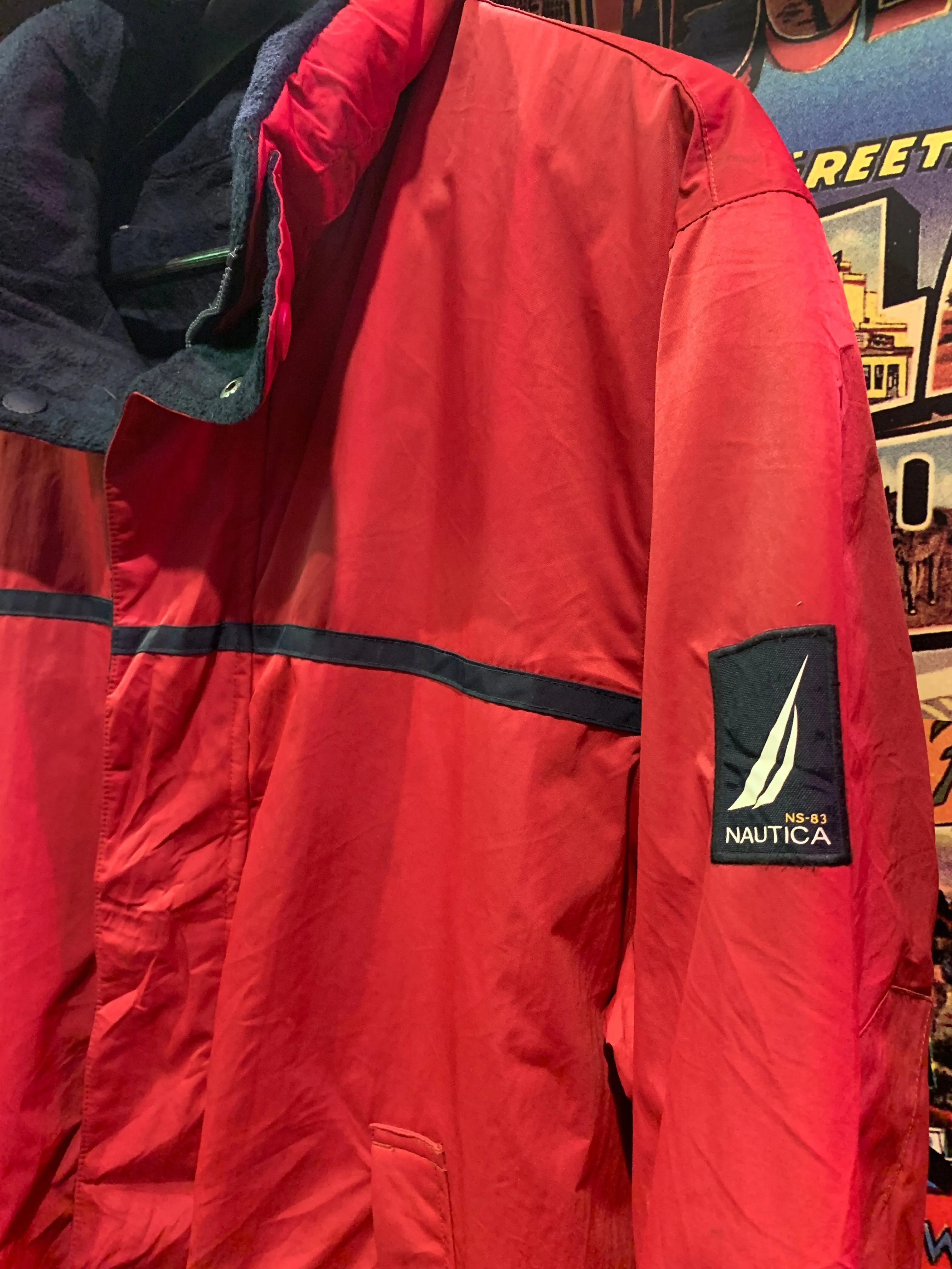 Vintage Nautica Jacket 11. Red & Navy. Fleece Lined, Zip Hood. L-XL. FREE POST
