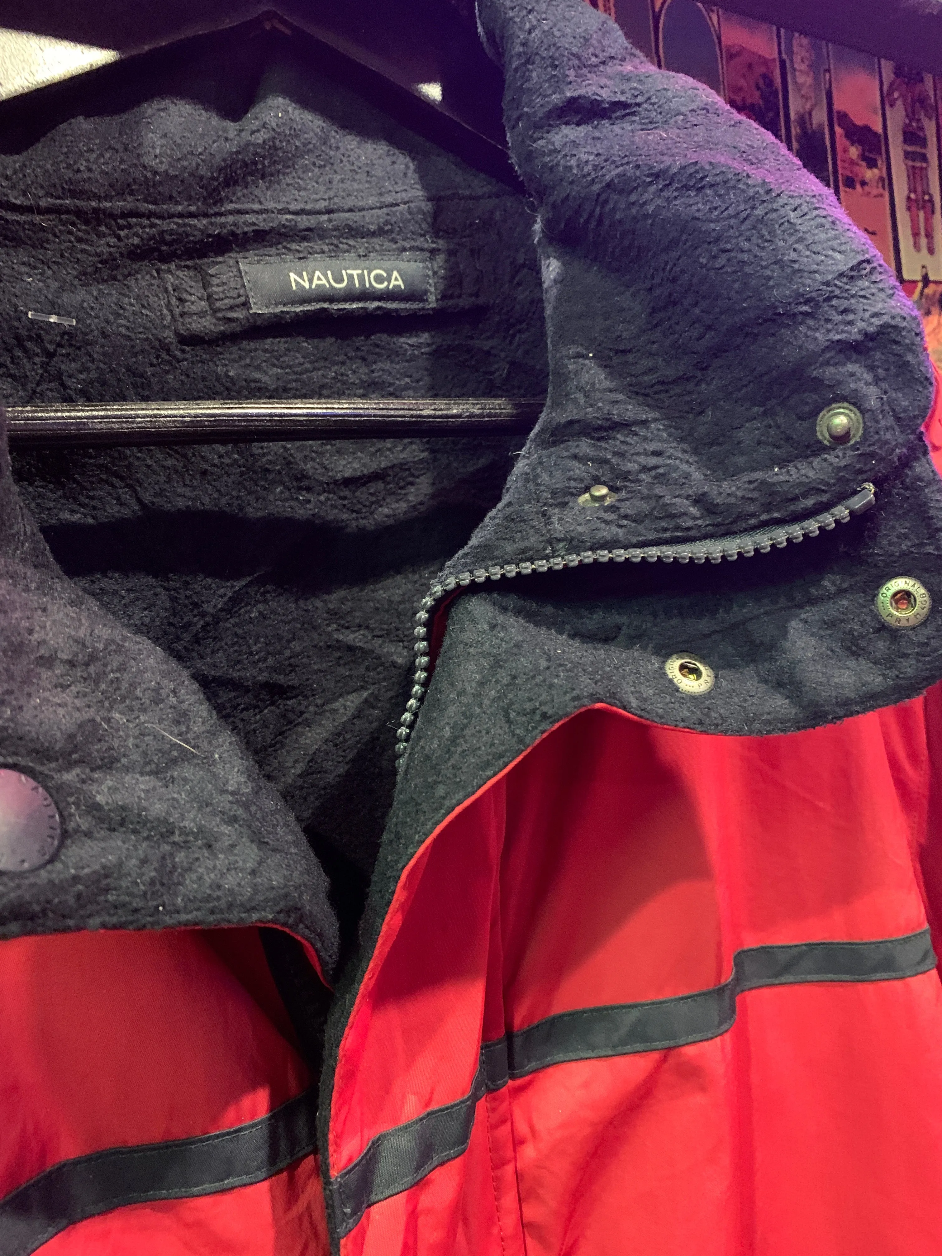 Vintage Nautica Jacket 11. Red & Navy. Fleece Lined, Zip Hood. L-XL. FREE POST