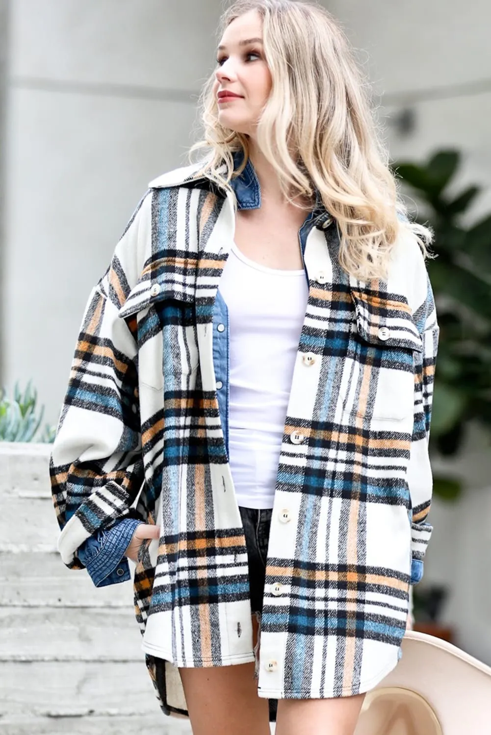 White Plaid Flannel Shacket