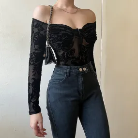 Women Long Sleeve Off Shoulder Lace Floral Bodysuit