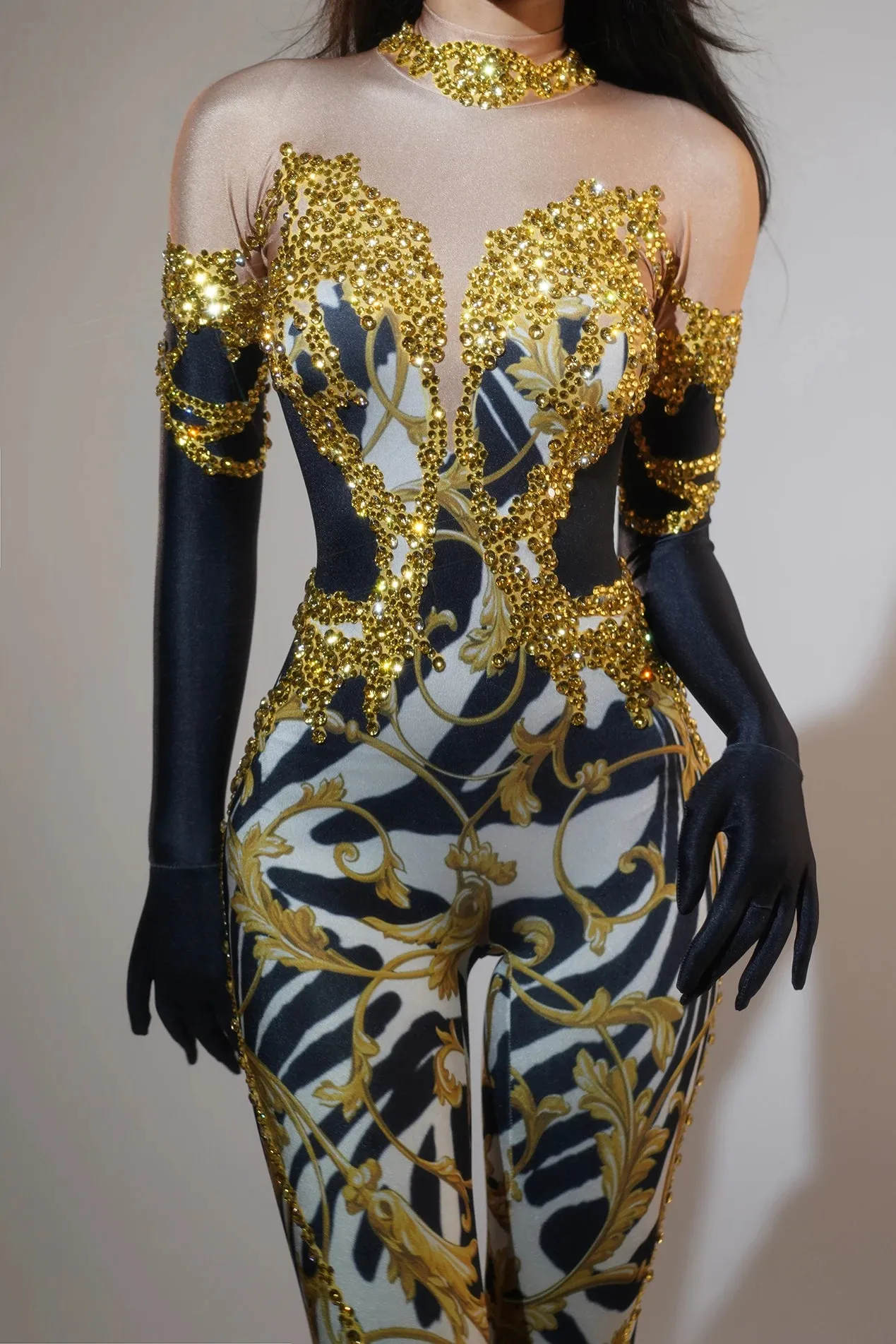 Women's Abstract Rhinestones Skinny Fit Black, White & Gold Jumpsuit