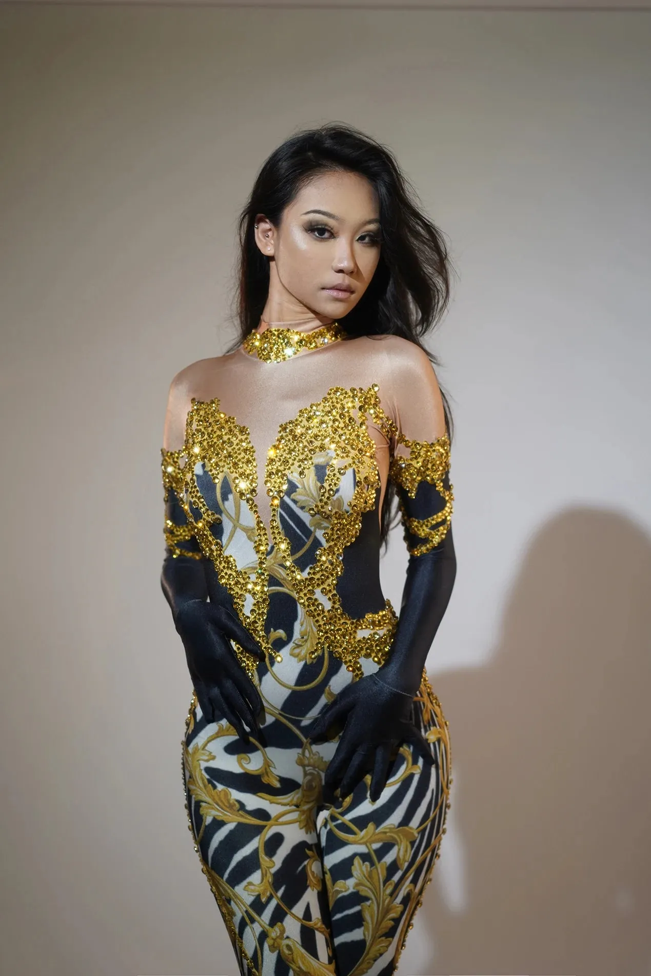 Women's Abstract Rhinestones Skinny Fit Black, White & Gold Jumpsuit