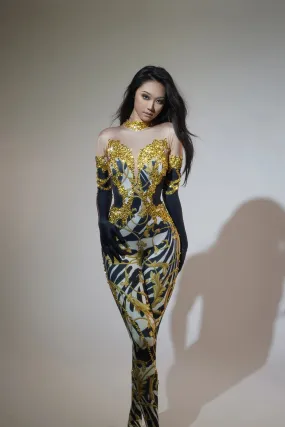 Women's Abstract Rhinestones Skinny Fit Black, White & Gold Jumpsuit