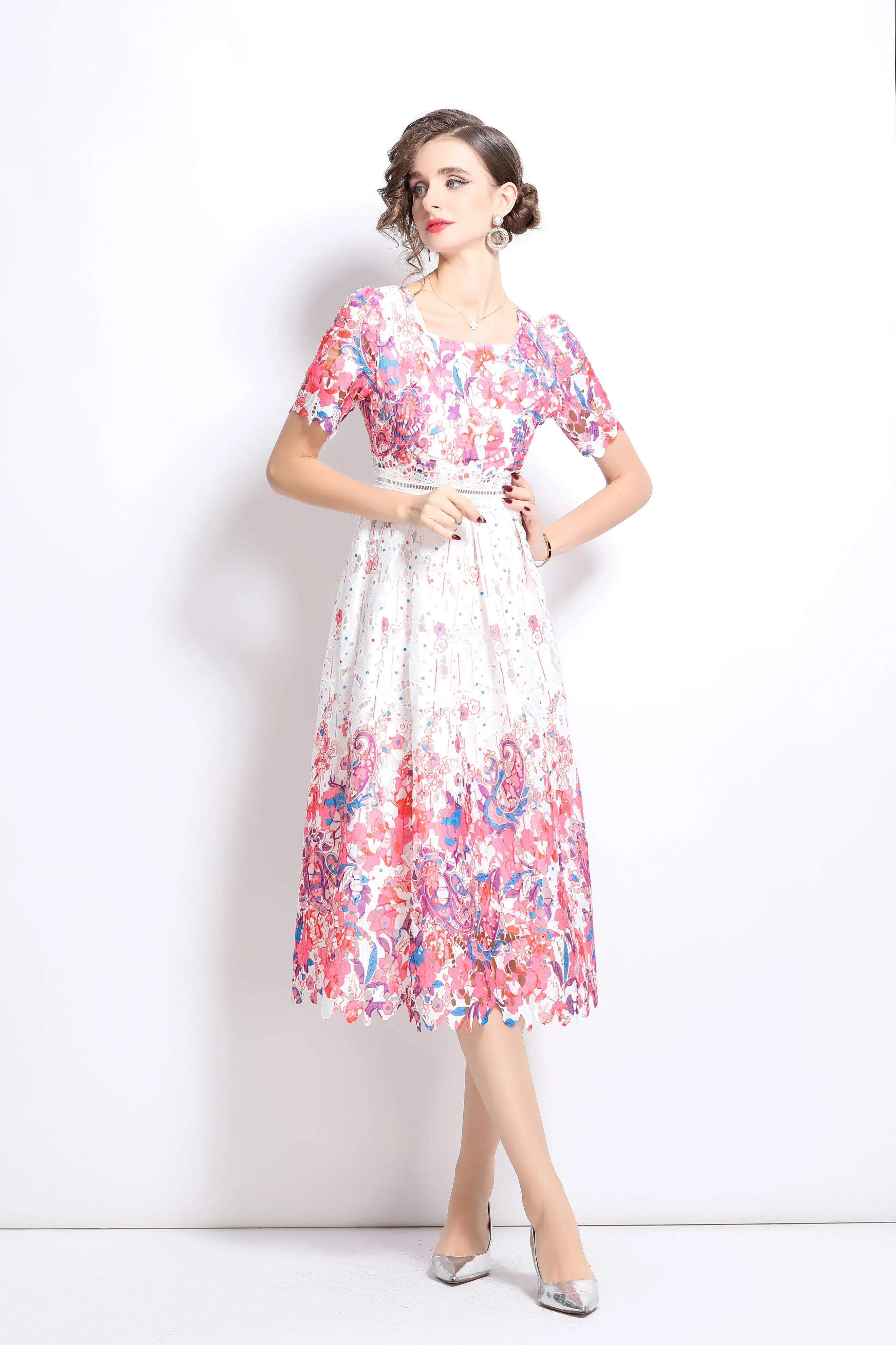 Women's Floral Lace Hollow Crochet Waist Midi Dress