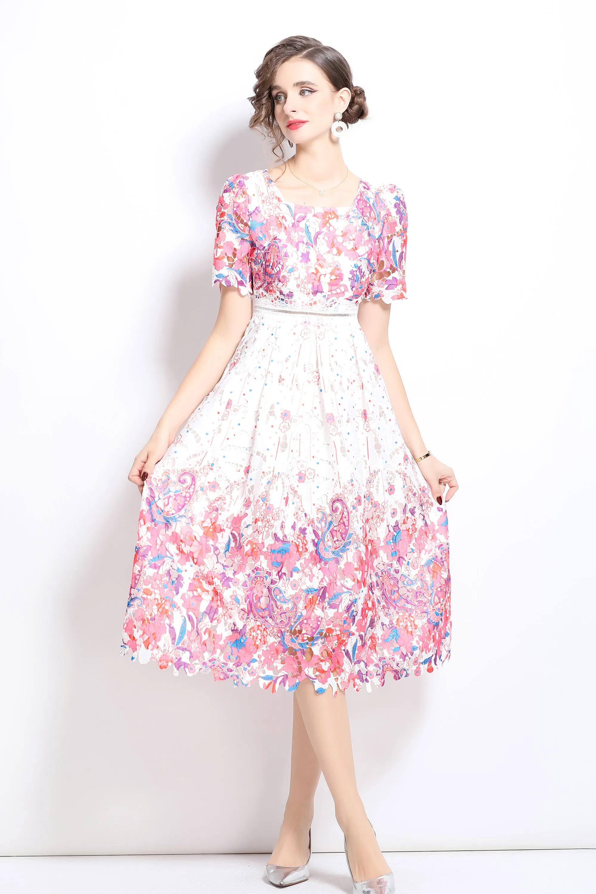 Women's Floral Lace Hollow Crochet Waist Midi Dress