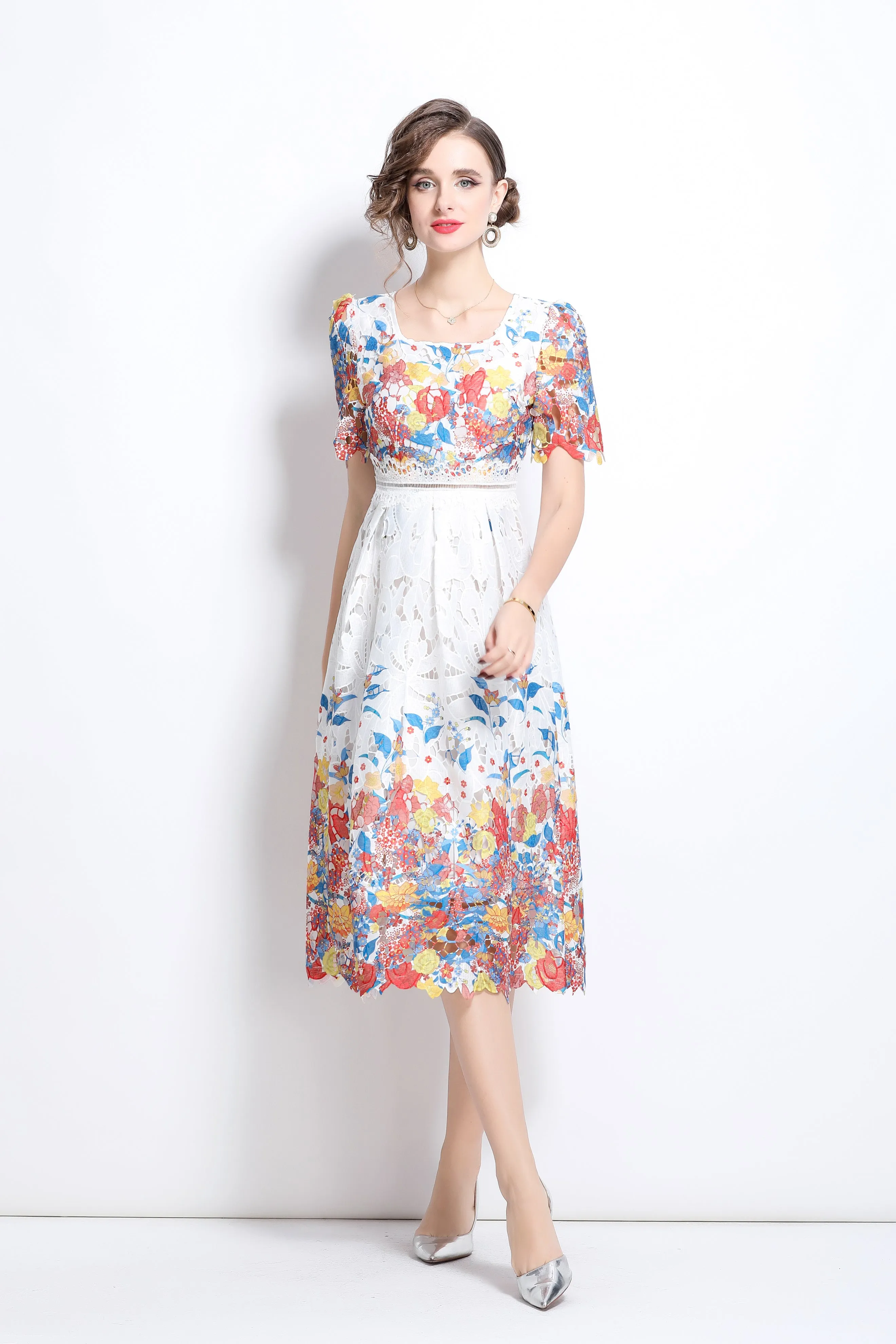 Women's Floral Lace Hollow Crochet Waist Midi Dress