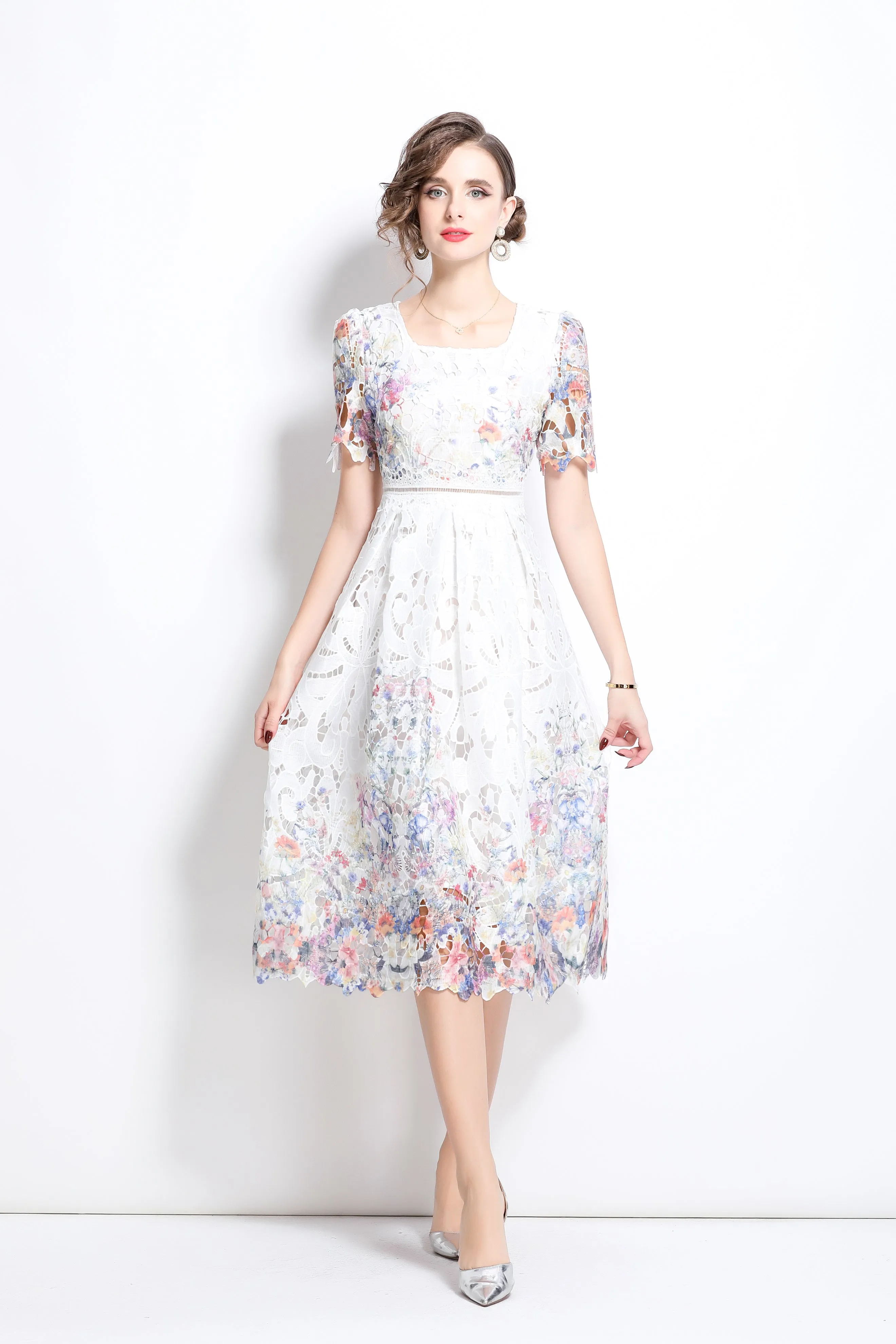 Women's Floral Lace Hollow Crochet Waist Midi Dress