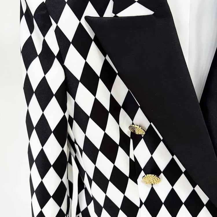 Womne's Black White Jacket Checkered Double Breasted Blazer