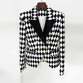 Womne's Black White Jacket Checkered Double Breasted Blazer