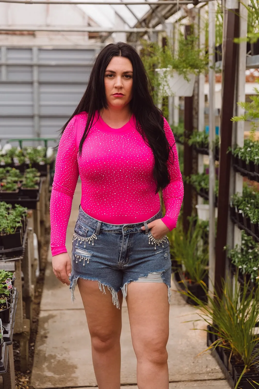 Ziva Rhinestone Studded Bodysuit-Pink