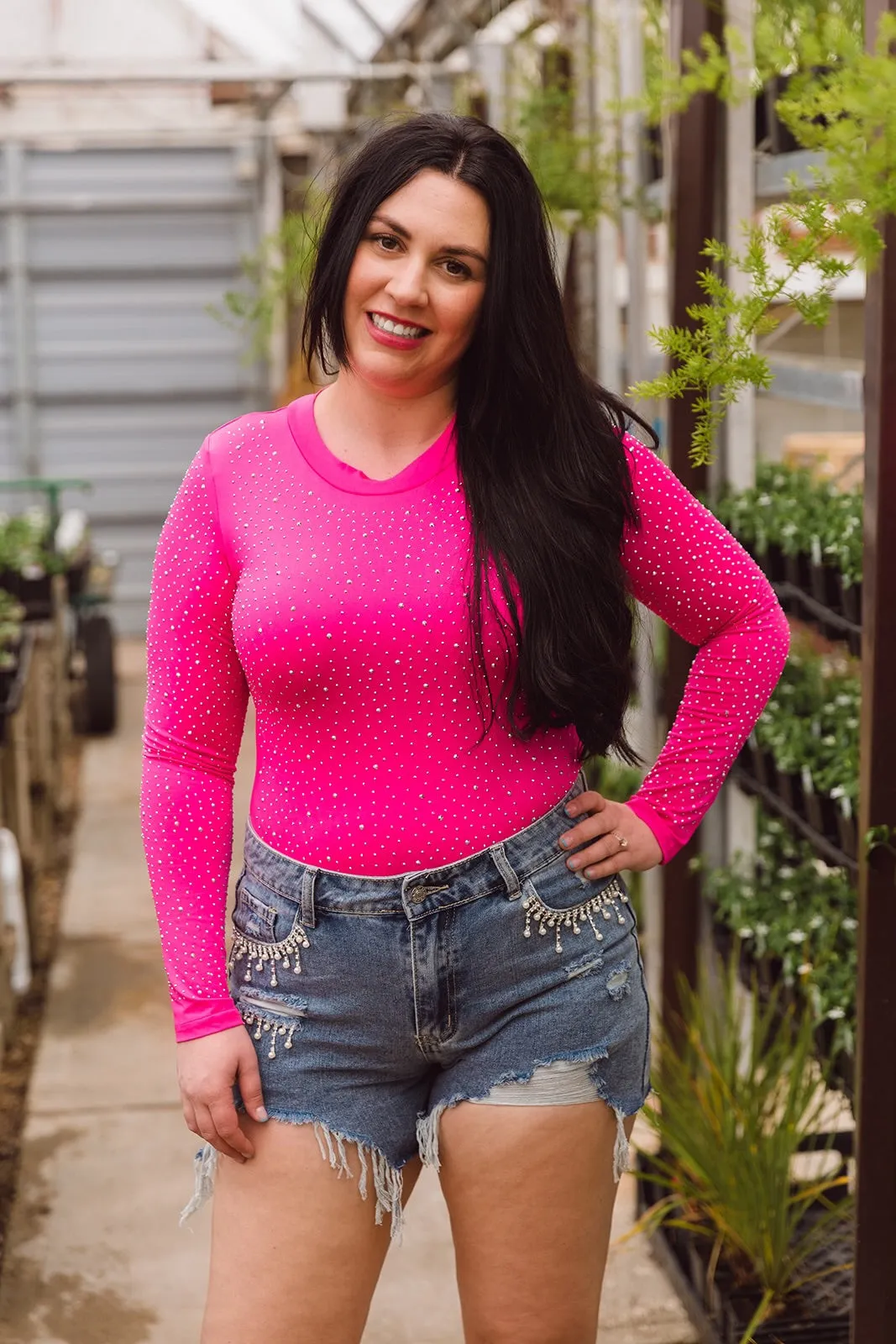 Ziva Rhinestone Studded Bodysuit-Pink