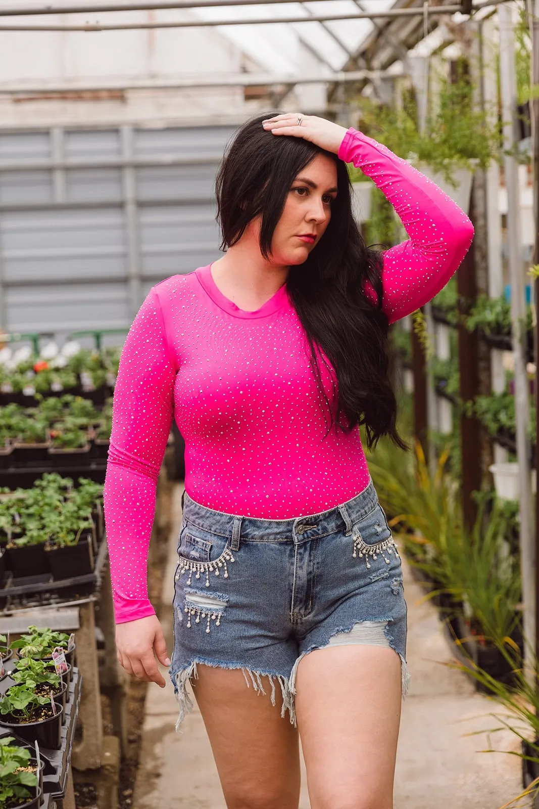Ziva Rhinestone Studded Bodysuit-Pink