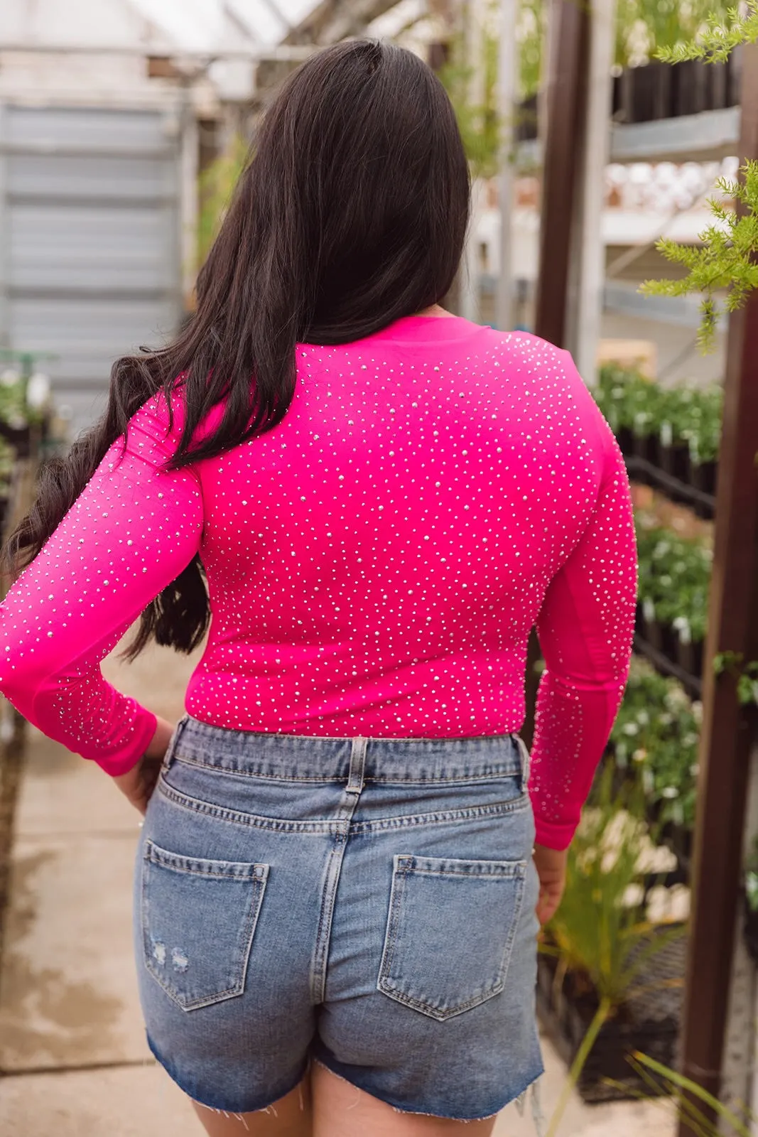 Ziva Rhinestone Studded Bodysuit-Pink